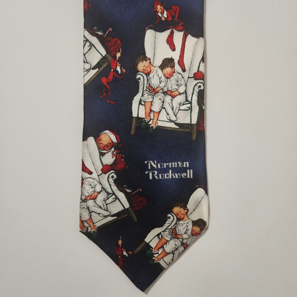 Norman Rockwell Christmas Silk Tie Hallmark Holiday Traditions Navy Blue Mens